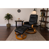 Flash Furniture Contemporary Black Leather Recliner and Ottoman with Swiveling Maple Wood Base BT-7615-BK-CURV-GG